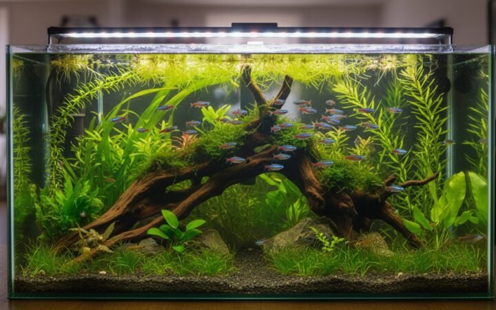 Planted 20-gallon community aquarium with a small school and driftwood