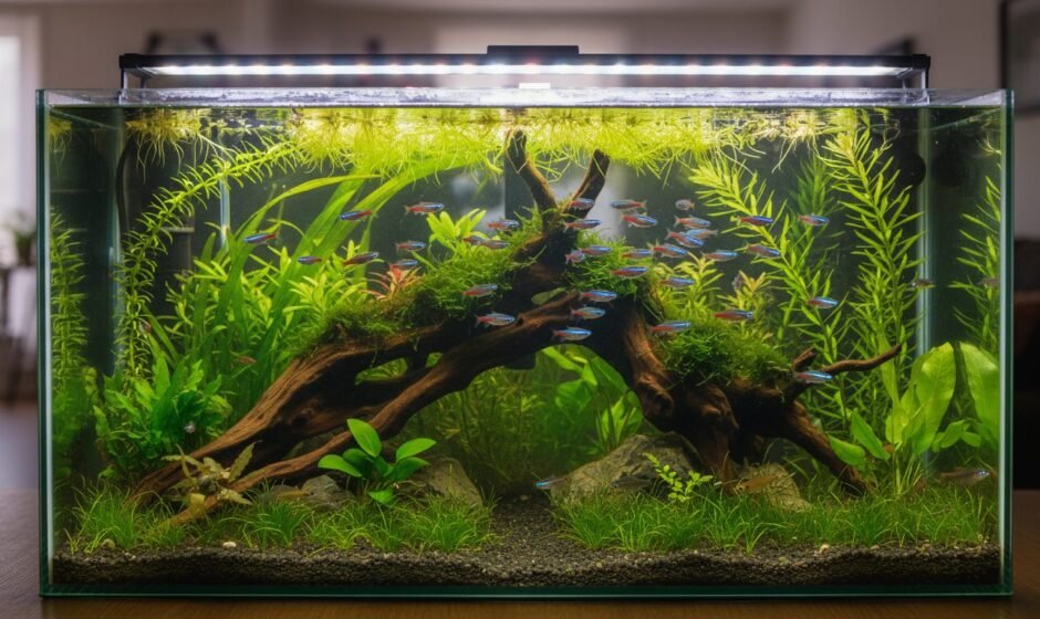 Planted 20-gallon community aquarium with a small school and driftwood