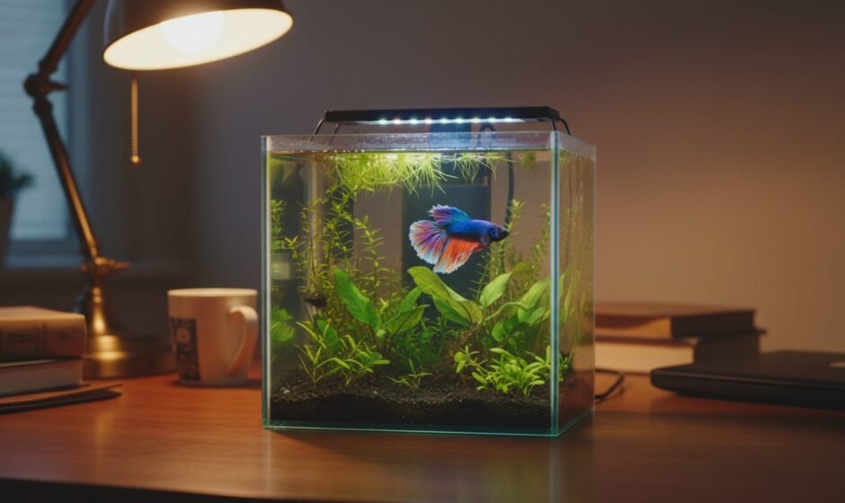 Five-gallon planted desktop aquarium with a single betta, the honest stocking answer