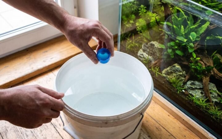 Pouring a capful of water conditioner into a bucket of tap water beside an aquarium