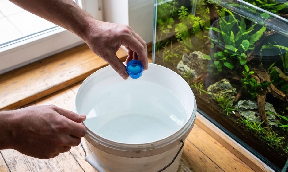 Pouring a capful of water conditioner into a bucket of tap water beside an aquarium