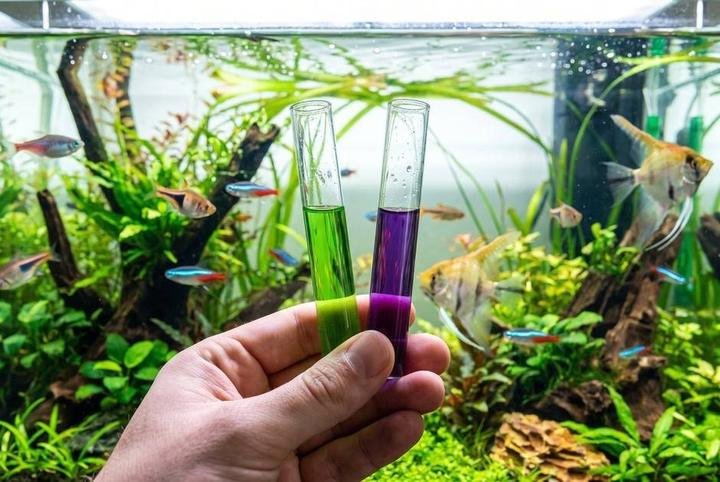 Aquarium test tubes reading green for ammonia and purple for nitrite
