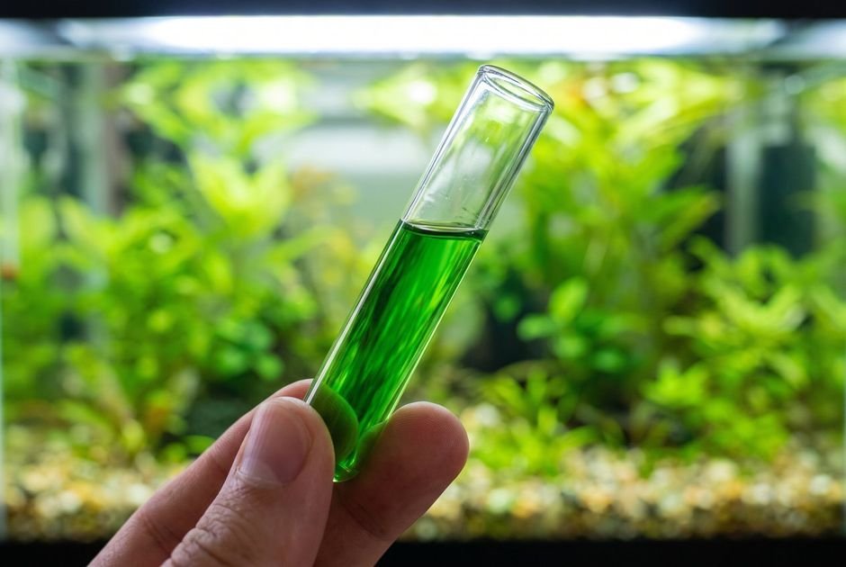 An aquarium ammonia test tube reading deep green