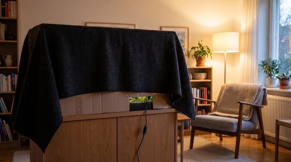 Aquarium wrapped in a dark blanket and cardboard for a three-day blackout