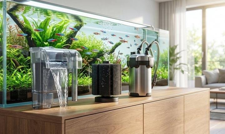 Three aquarium filter types in front of a planted aquarium