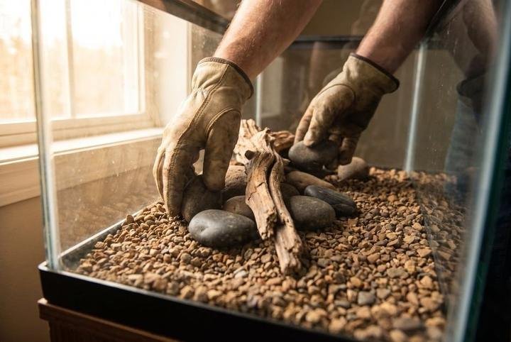 Hands arranging rocks and driftwood on gravel inside an empty aquarium