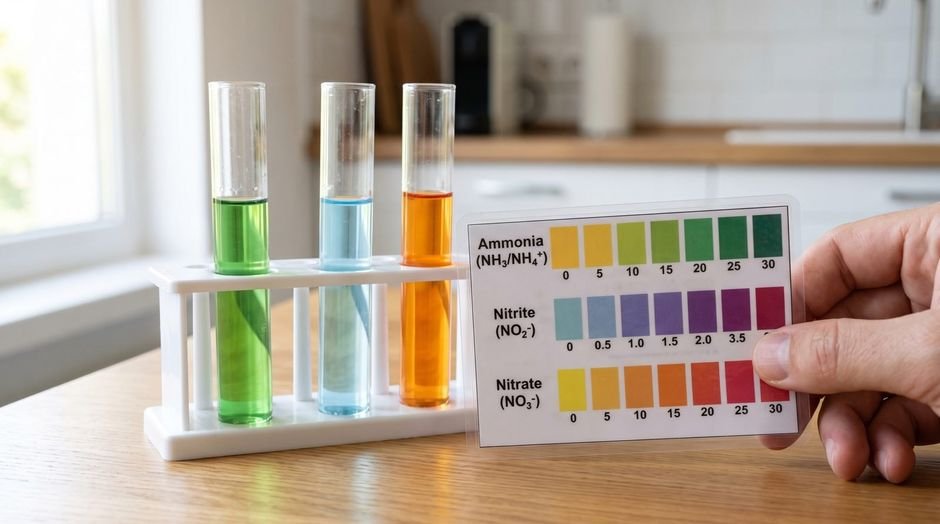 Ammonia, nitrite and nitrate test tubes beside a color card