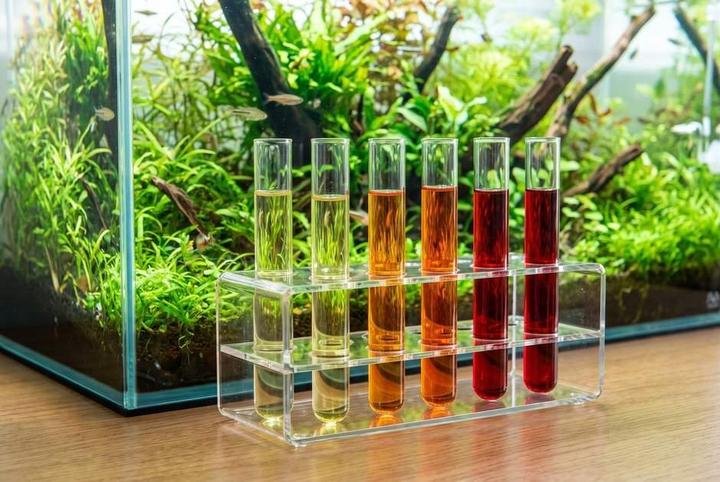 Aquarium test tubes showing a yellow to orange to red gradient