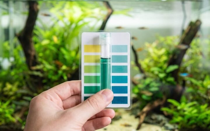Hand holding an aquarium pH liquid test tube against a color chart in front of a planted tank