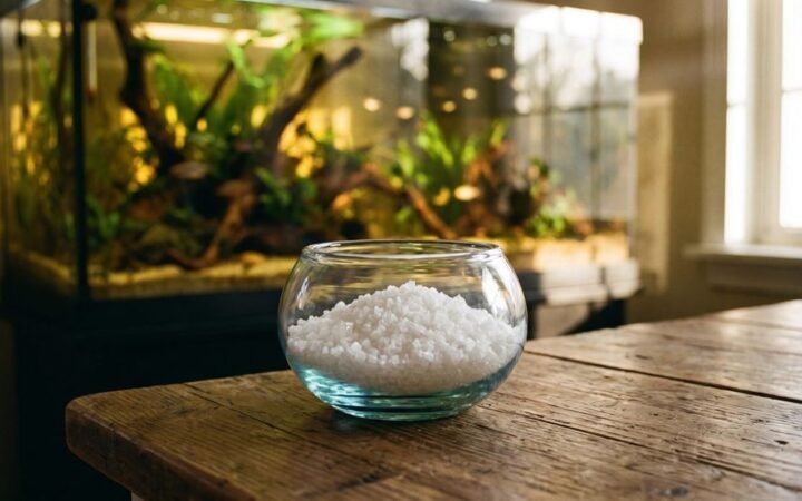 Bowl of coarse aquarium salt in front of a freshwater aquarium