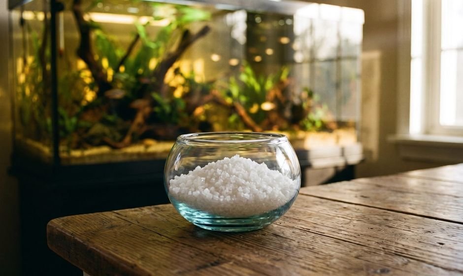Bowl of coarse aquarium salt in front of a freshwater aquarium