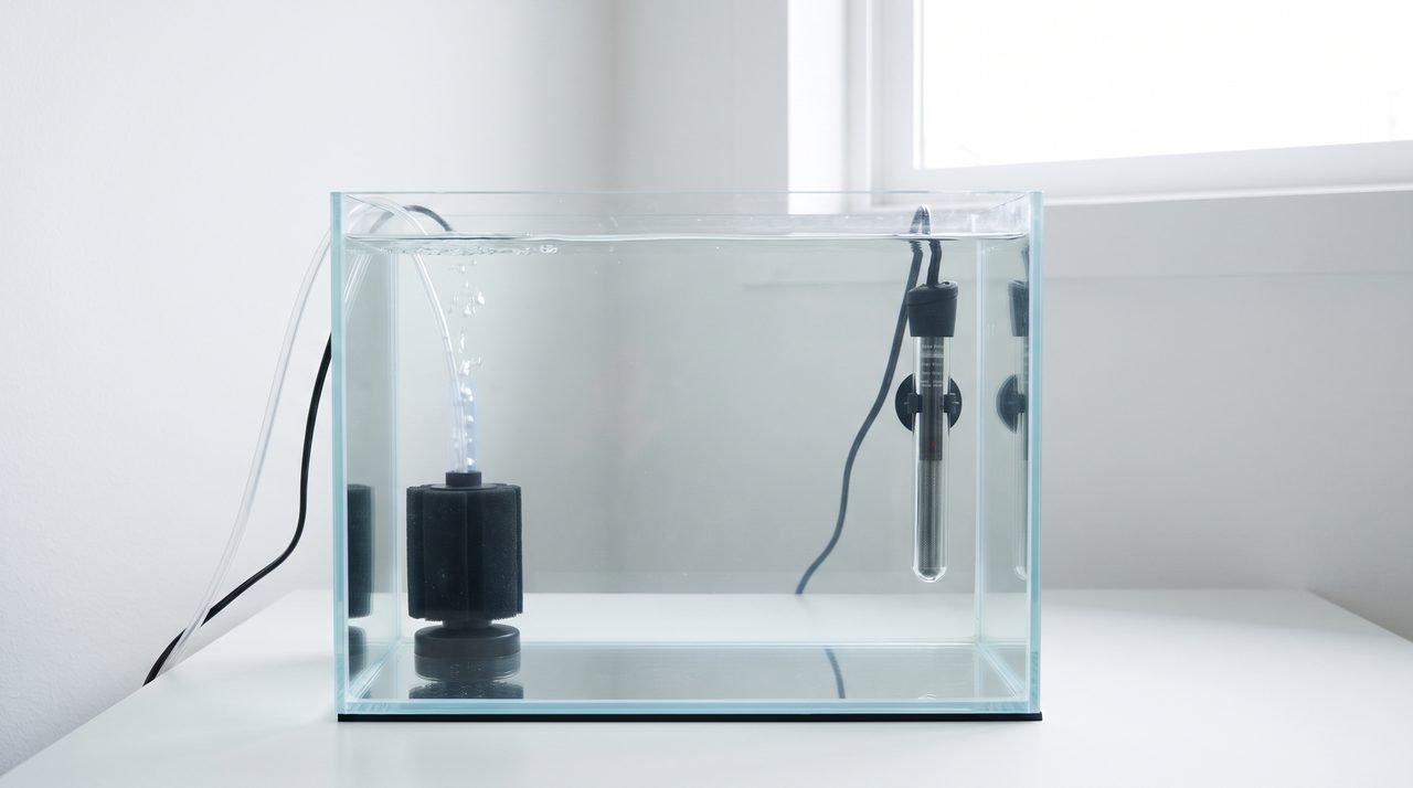 Bare-bottom hospital tank with sponge filter and heater