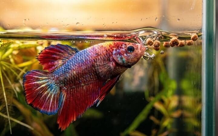 A betta rising to eat a few floating pellets