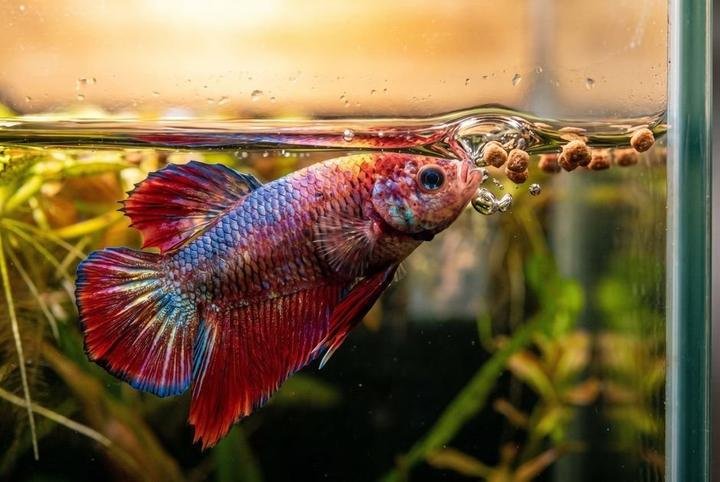 A betta rising to eat a few floating pellets