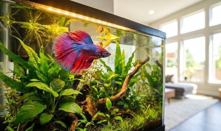 A red and blue betta swimming in a planted 5 gallon aquarium