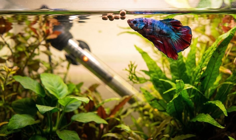 A betta near the surface of a planted tank beside floating pellets