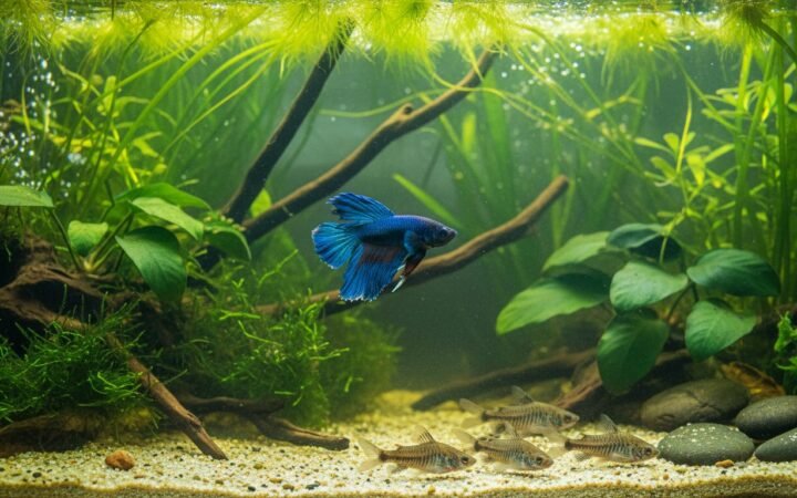 Betta cruising above cory catfish in a planted tank, a pairing that passes both gates