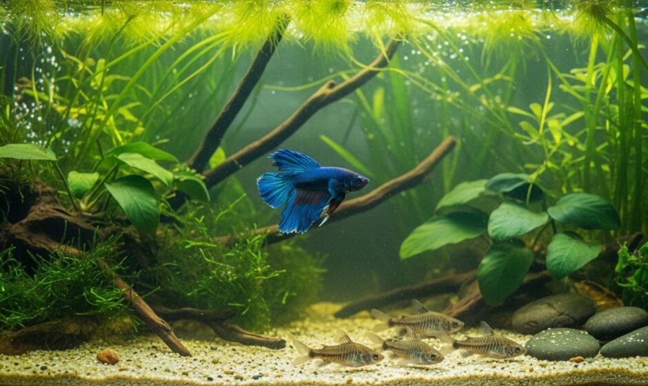 Betta cruising above cory catfish in a planted tank, a pairing that passes both gates