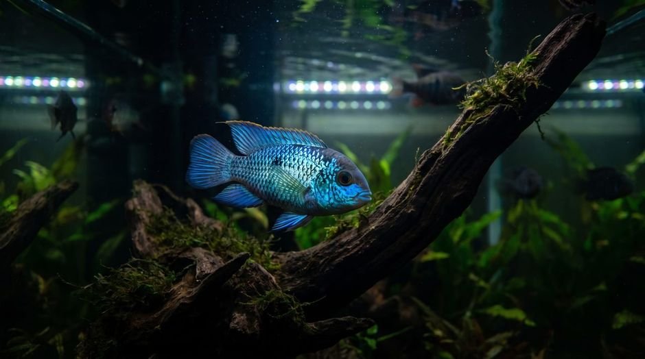 Electric blue acara cichlid swimming beside driftwood