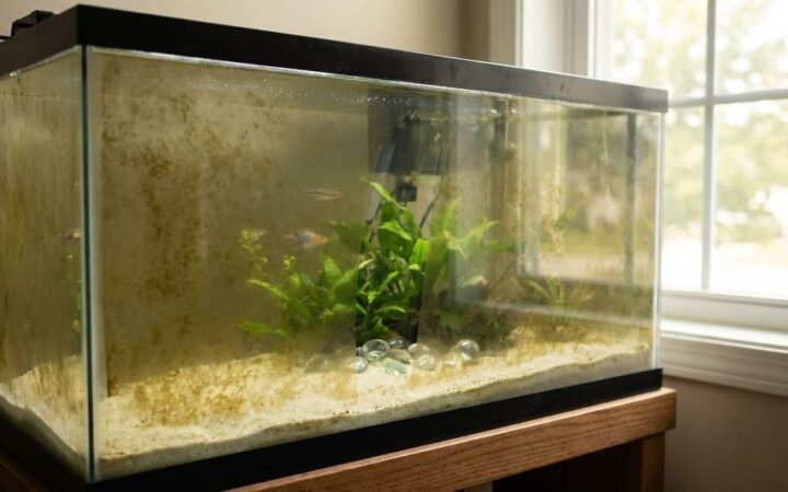 Brown diatom algae film on aquarium glass and sand with a clean finger-wipe streak