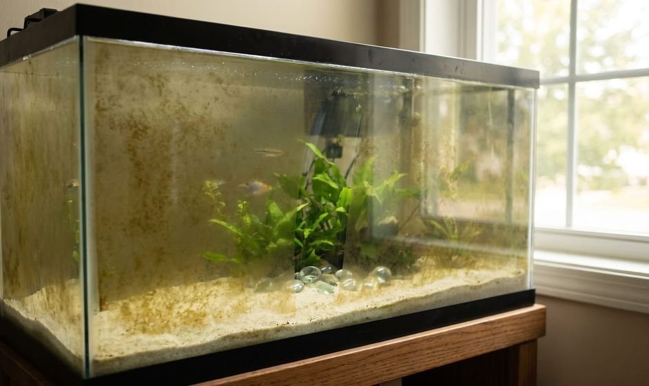 Brown diatom algae film on aquarium glass and sand with a clean finger-wipe streak