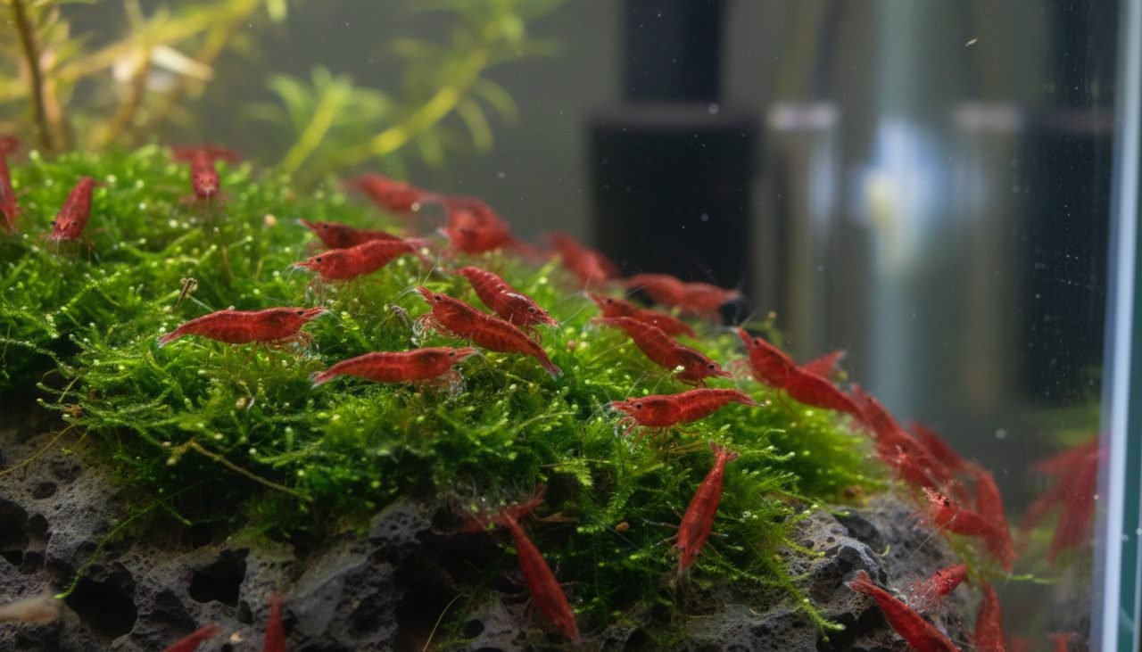 Cherry shrimp colony grazing moss, a full 5-gallon stocking on their own