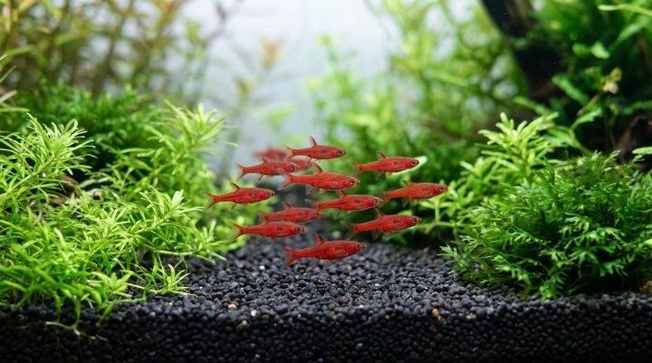 A shoal of chili rasboras in a planted nano tank