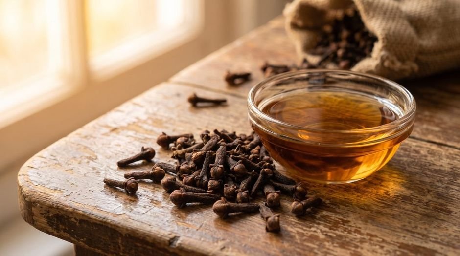 Dried clove buds beside a small bowl of clove oil
