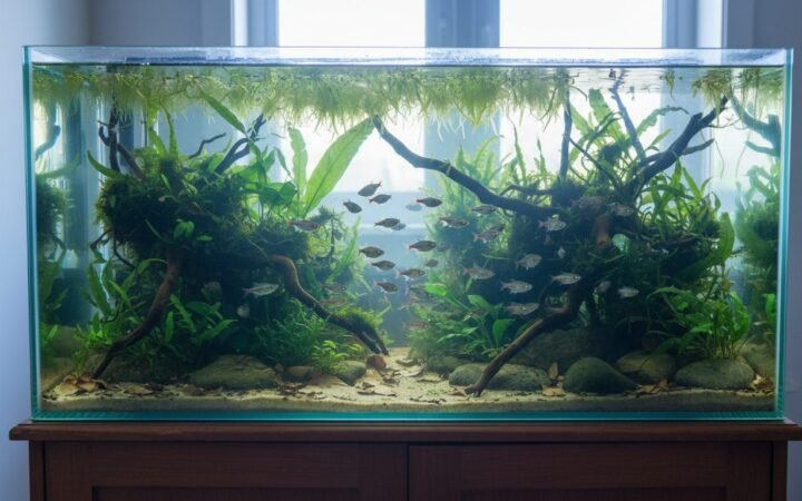 Unheated planted tank with white cloud minnows, fish that thrive at room temp