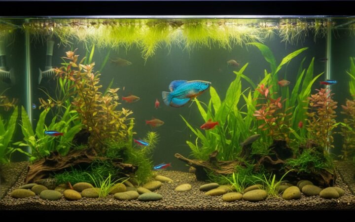 Colorful freshwater community: neons, barbs and a gourami over green plants