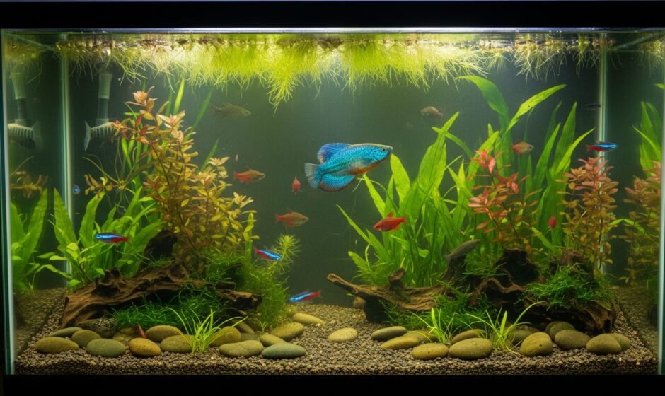 Colorful freshwater community: neons, barbs and a gourami over green plants
