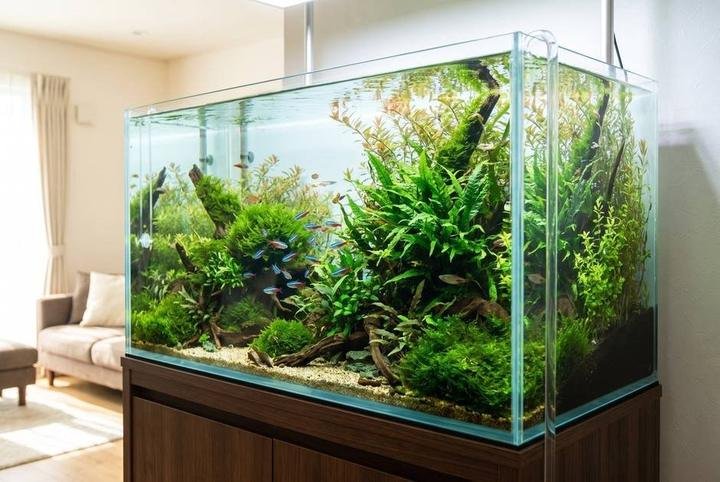 A crystal clear planted aquarium with healthy plants and tetras