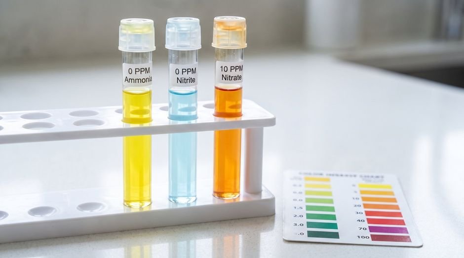Test tubes showing zero ammonia, zero nitrite, and nitrate present