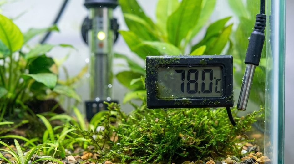 Digital aquarium thermometer probe reading 78.0 degrees inside a planted tank