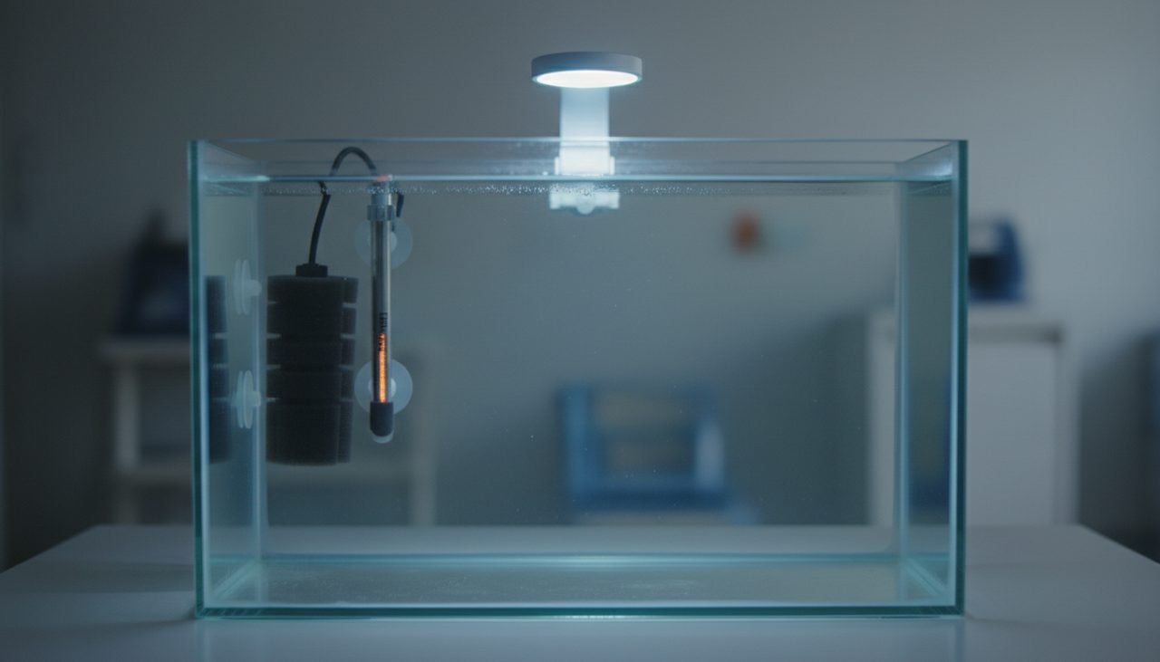 Dim quiet bare-bottom hospital tank with sponge filter and heater for a dropsy patient