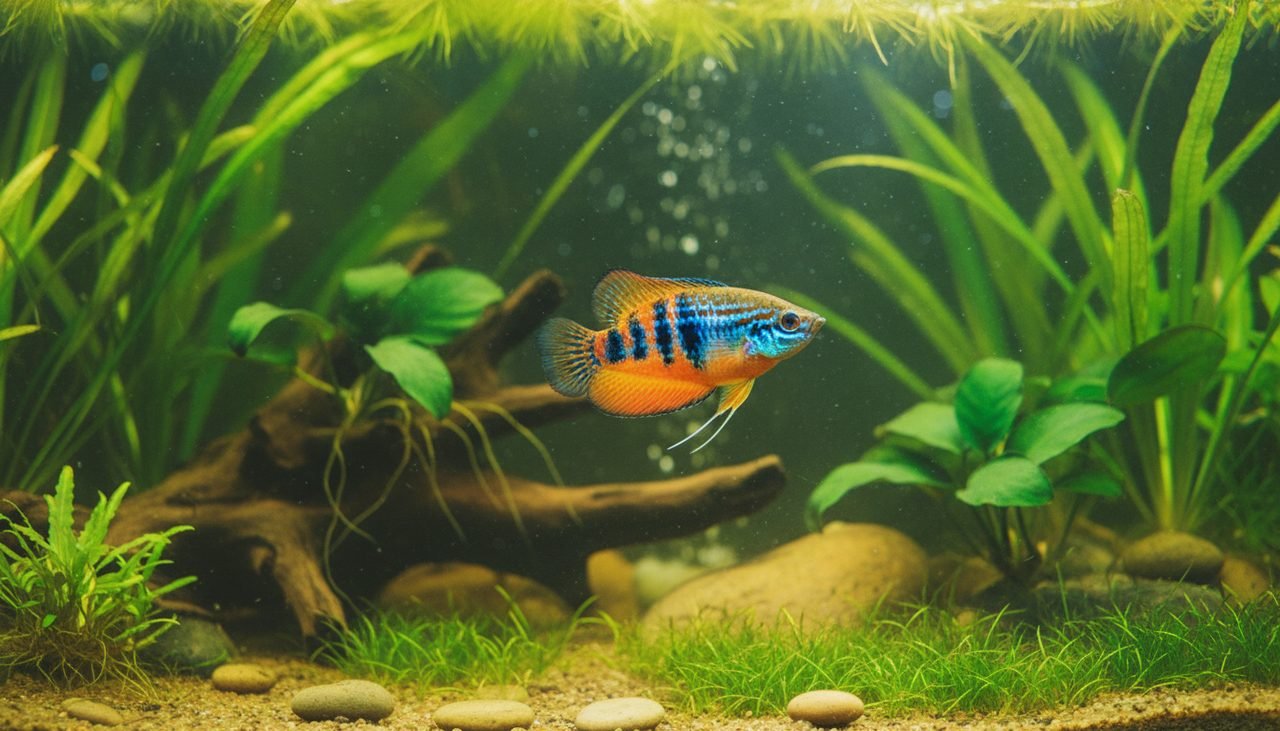 Dwarf gourami holding the middle of the tank, the centerpiece of plan 2