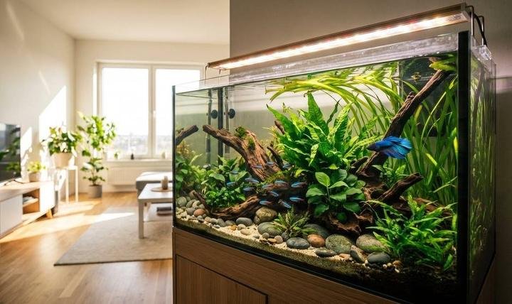 A fully set up 20-gallon freshwater planted aquarium with tropical fish in a living room