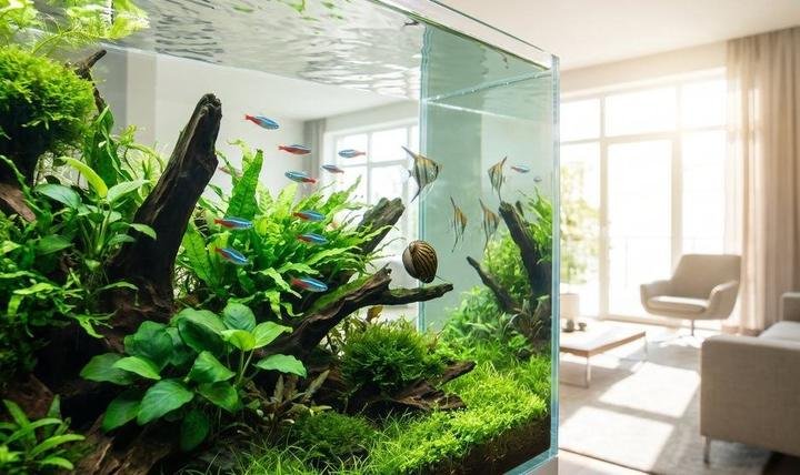 A clean planted aquarium with a nerite snail grazing the glass