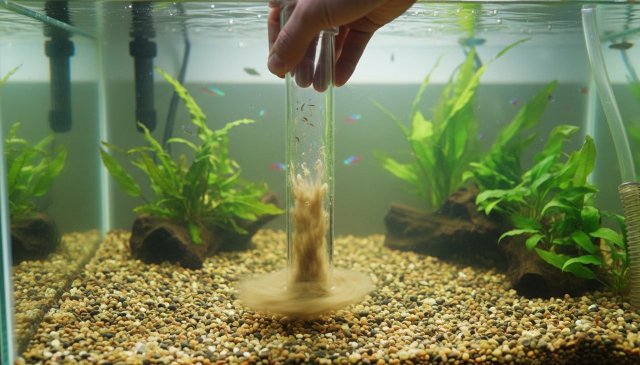 Gravel vacuum pulling debris from substrate during a partial water change