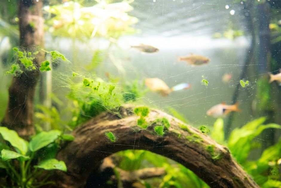Green algae growing on the inside glass of an aquarium