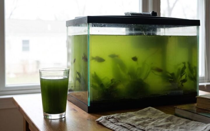 Aquarium with pea-soup green water next to a drinking glass of the same murky green water