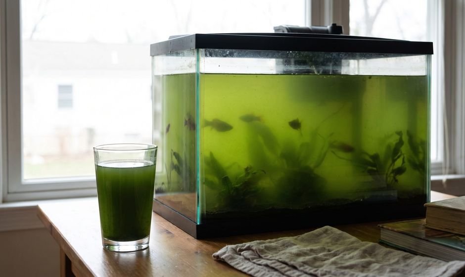 Aquarium with pea-soup green water next to a drinking glass of the same murky green water