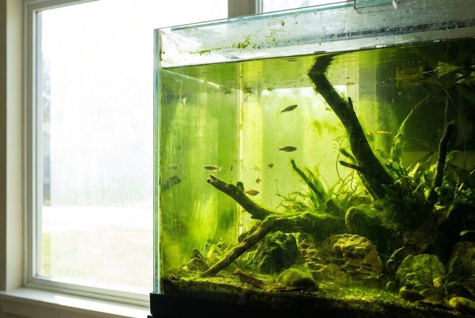 An aquarium with green water from an algae bloom