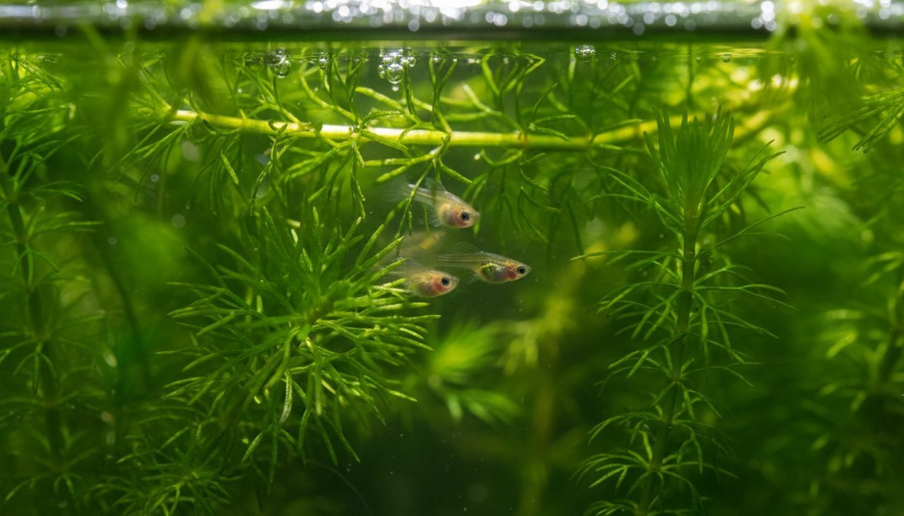 Guppy fry sheltering in dense plants, the crowd every keeper must plan for