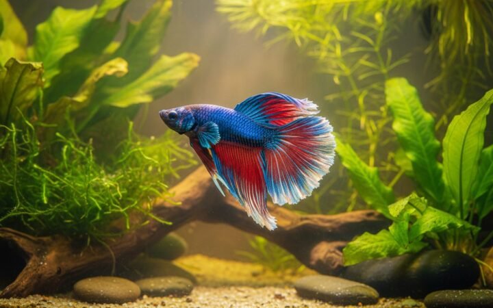 Healthy blue and red betta with flowing fins in a warm planted aquarium