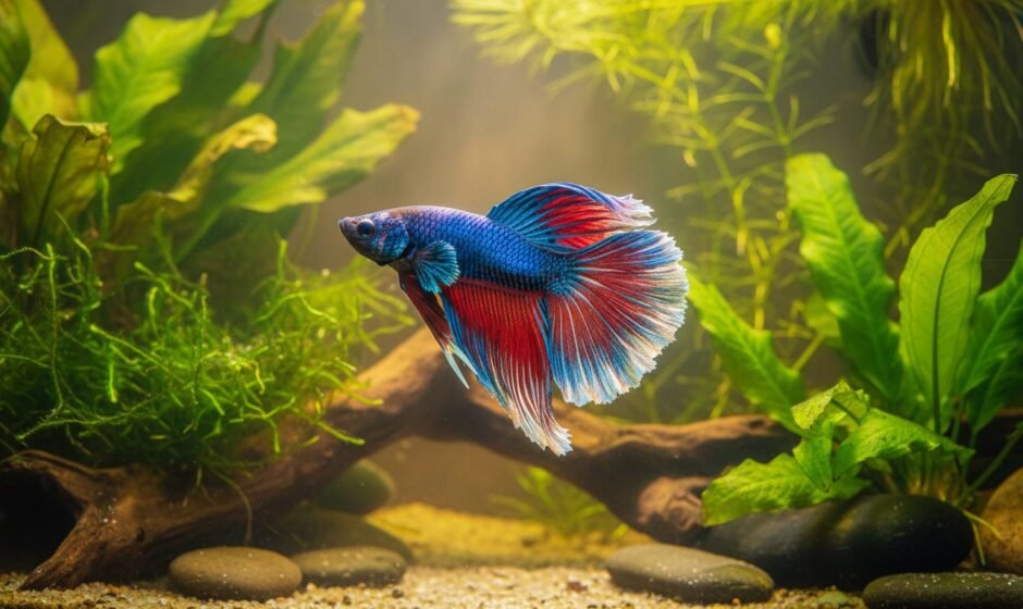 Healthy blue and red betta with flowing fins in a warm planted aquarium
