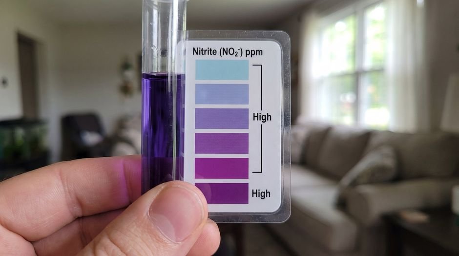 Nitrite test tube reading deep purple