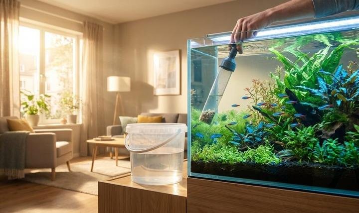 Partial water change on a planted freshwater aquarium with a siphon and bucket