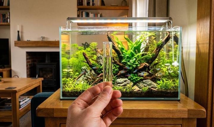 Planted aquarium with clear water and a test tube, illustrating how to cycle a fish tank