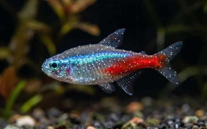 Freshwater fish covered in uniform white ich spots like grains of salt